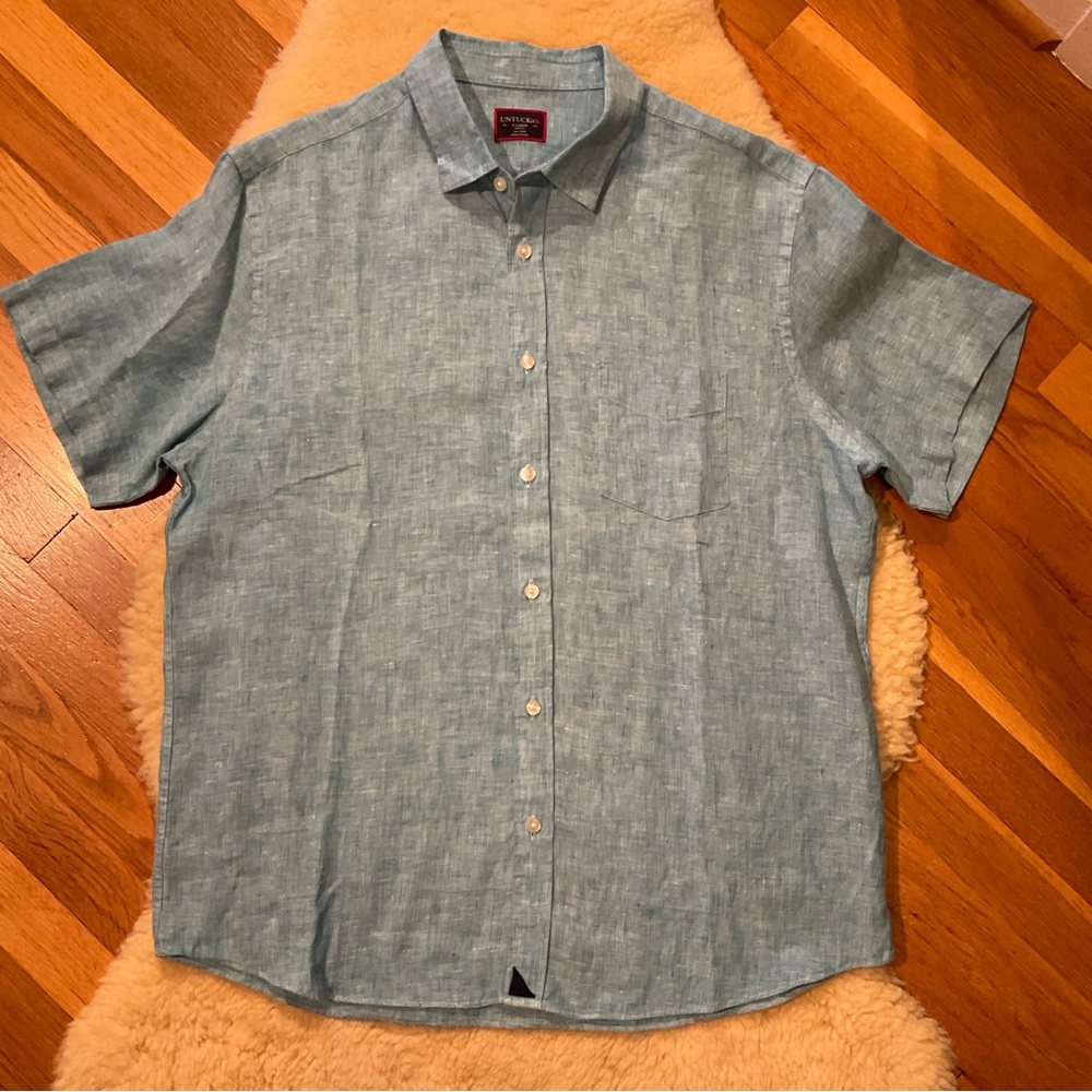 Untuckit Dordagne medium blue linen button down shirt